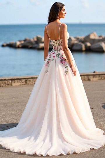 Blush Tulle A Line Boho Embroidered Sweep Train Wedding Dress
